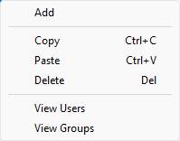 User Roles menu containing Add, Copy, Paste, Delete, View Users and View Groups options.